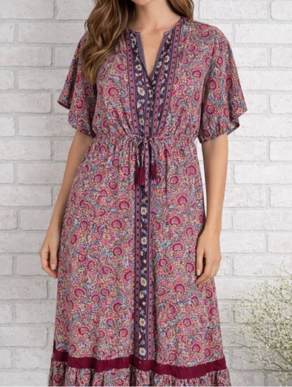 Anthropologie Boemo Paisley Maxi Boho Dress short sleeve maxi cottage size large